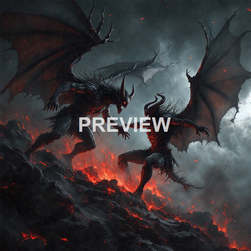 Two monstrous, demonic creatures with large wings, horns, and fiery red eyes are engaged in a fierce battle amidst a dark, volcanic landscape with lava and smoke.